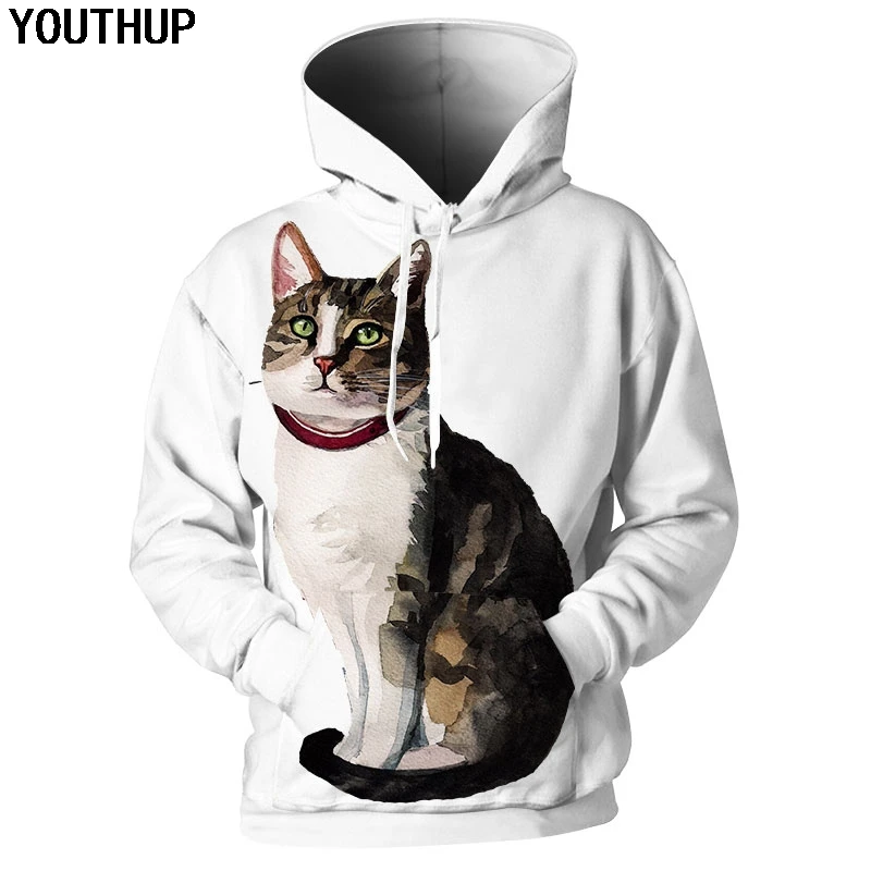 

Толстовка YOUTHUP в стиле Харадзюку для мужчин и женщин, худи с рисунком животных, кошек, милый Свитшот унисекс с объемным рисунком, уличная оде...