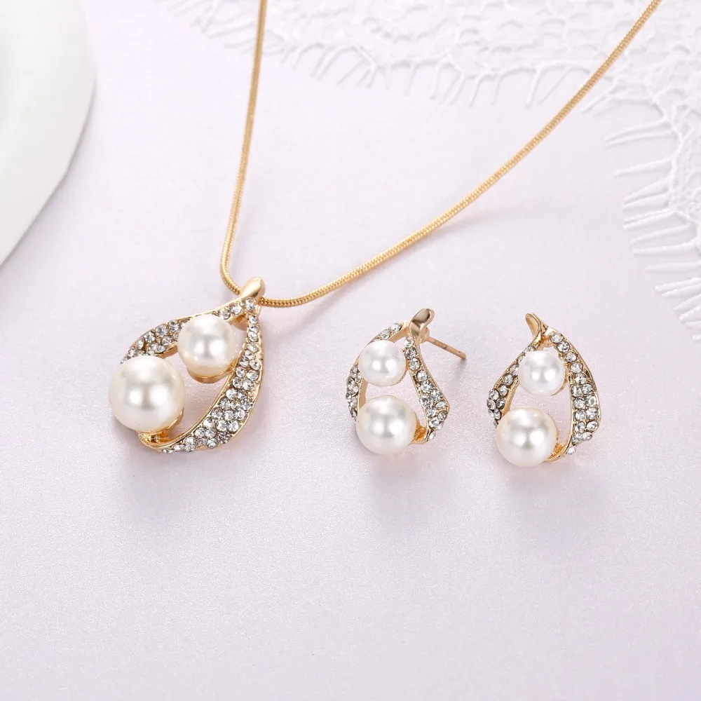 FAMSHIN Bijoux роскошный двойной комплект украшений из искусственного жемчуга для женщин Модный Дубай Кристалл ожерелье серьги свадебный подарок