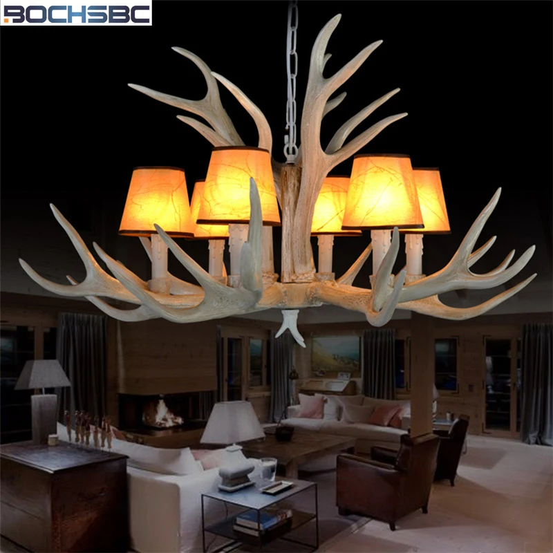 

BOCHSBC Resin 6/8/10/12/15/28 Heads Antler Chandeliers Lamp With Fabric Lampshade Hanging Lights for Living Room Dinning Room