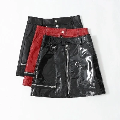 Tao Ting Li Na Sheepskin Patent Leather High Waist Skirt