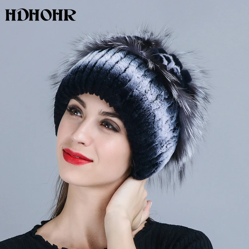 HDHOHR 2018 НОВАЯ шапка из натурального меха шапки кролика Рекс серебристого лисьего