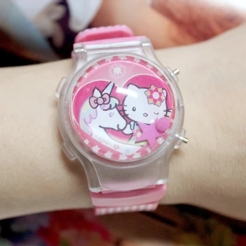 Горячие пирожные KT hello Kitty светящиеся Мультяшные силиконовые светодиодный светильник-вспышка часы для девочек и детей электронные детские часы с откидной крышкой