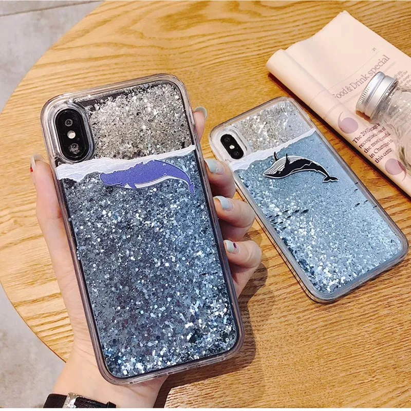 Милый Дельфин зыбучий песок чехол для пары iPhone XS Max XR X Прозрачный блестящий из ТПУ