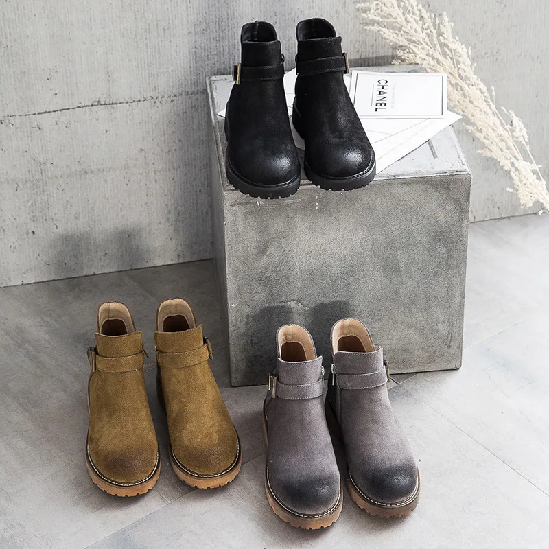 

CuddlyIIPanda Women Fashion Short Boots Female Nubuck Genuine Leather Ankle Chelsea Boots Autumn Winter Zip Casual Shoes