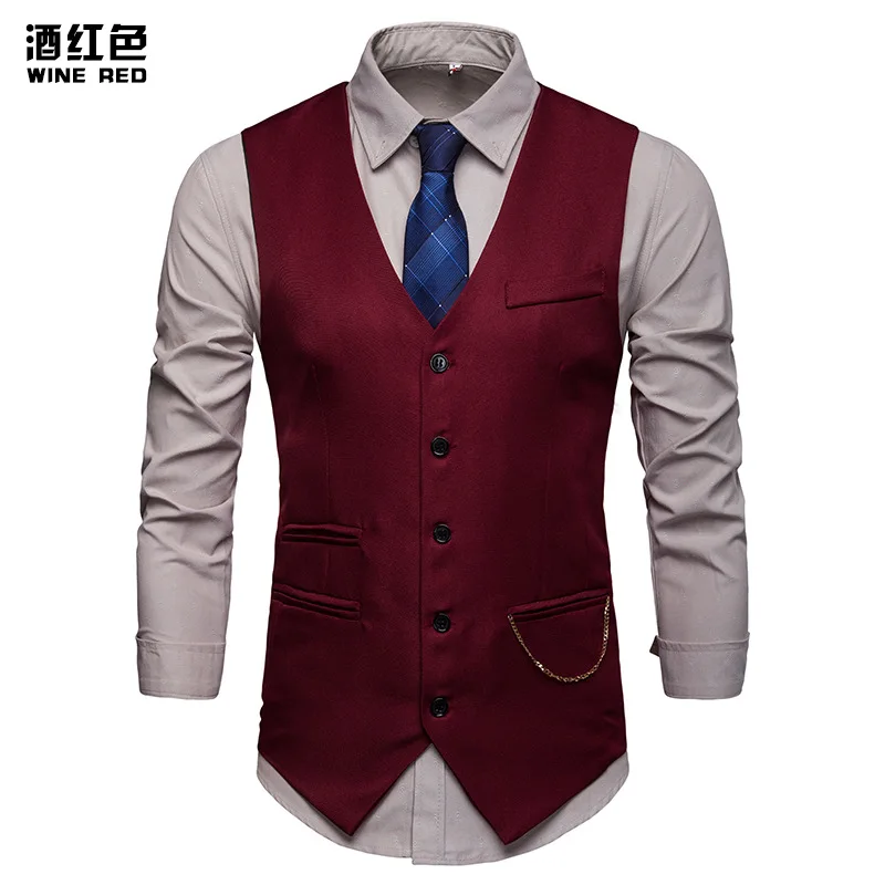 Wine Red Мужской приталенный однобортный жилет Chaleco Hombre, модный жилет без рукавов с цепочкой, мужские официальные жилеты для свадьбы - Цвет: Wine Red