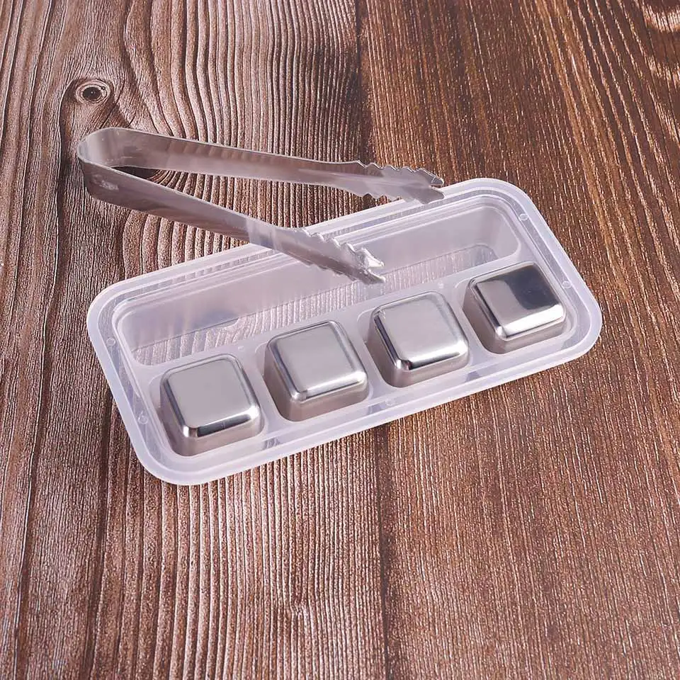 4pcs with tongs box Виски камни пивной охладитель сохранить вкус вина не разбавленные охлаждающие кубики многоразовая нержавеющая сталь кубики льда охладитель для вина - Цвет: 4pcs with tongs box
