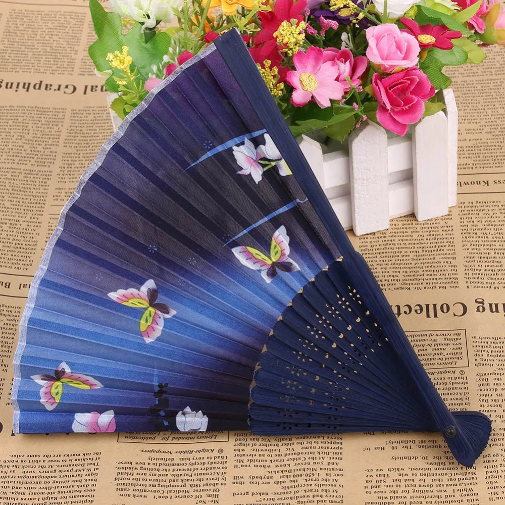 Китайский Японский Складной Шелковый Бабочка Цветка Руки Бамбук Азии Карманный