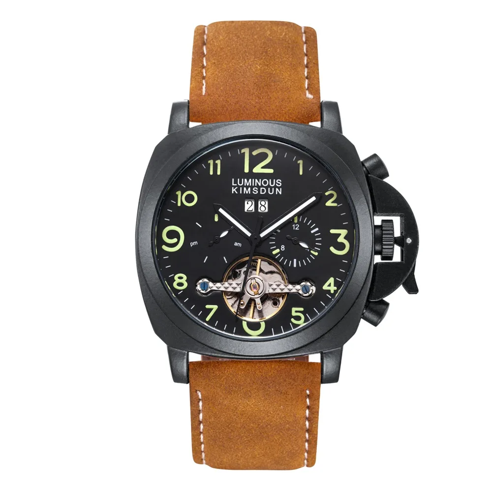 brown black green Люксовый бренд Tourbillon автоматические механические часы для мужчин водонепроницаемые кожаные деловые часы мужские часы montre homme reloj hombre - Цвет: brown black green