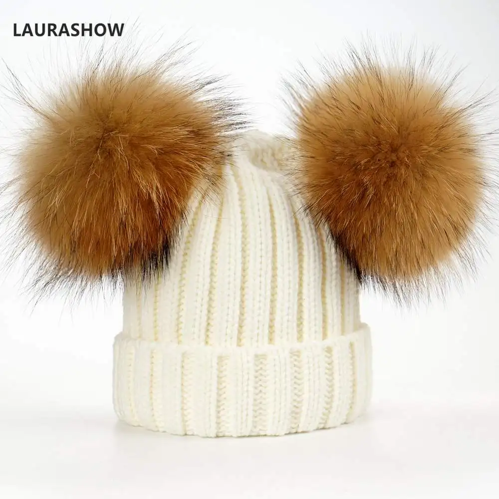 as picture LAURASHOW, зимняя шапка 16 см, двойной мяч из натурального меха енота, помпоны, шапка для взрослых, вязаная шапка, шапка Skullies, женские шапочки - Цвет: as picture
