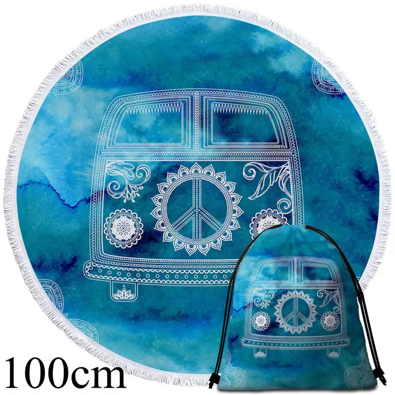 002 Towel 100cm-Bag Постельное белье Outlet Мандала Круглый пляжное полотенце женщина Toalla кисточкой одеяло Хиппи Винтаж автомобиль печатных микрофибра банное полотенце гобелен - Цвет: 002 Towel 100cm-Bag
