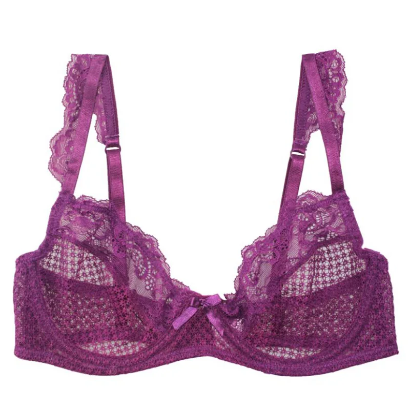 

MiaoErSiDai Pretty Women Sexy Lace Bra and Mesh Floral See Though Ultrathin Bra Push Up Lingerie Underwear Thin Plunge Bra