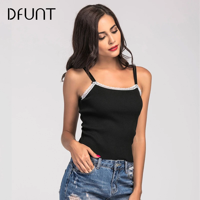 Dfunt Лето Женщины Ткань Camisoles Dentelle лоскутное сексуальный белый/черный с открытыми