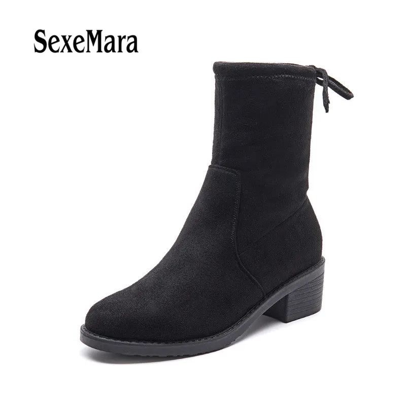 

Autumn Winter Women Boots Pointed Toe Stretch Fabric Mid-Calf Boots Thick Heel Shoes Woman Female Socks Boots Big Size 34-43