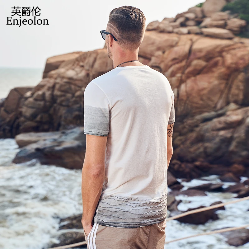 Enjeolon 2019 T shirt Summer Men Short Sleeved O-neck Gradien Casual Fashion Male Top Tee Shirt T3711 | Мужская одежда
