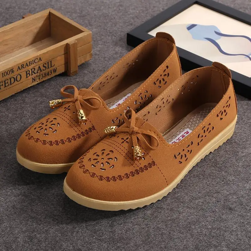 2019 Summer Fashion Soft Bottom Flat Hole Mesh Shoes Mother Old Beijing Cloth Bow Breathable Casual Driving | Обувь