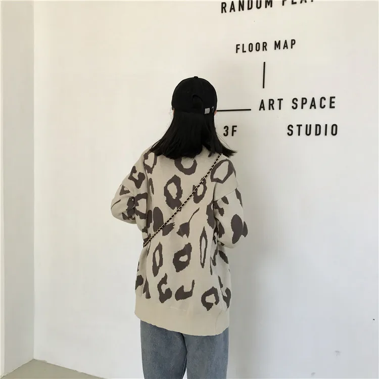 

Korean chic autumn style Women's Clothing loose single breasted cardigans leopard loose oversize v-neck woman Sweaters new