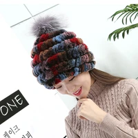 new winter fur hat for women real rabbit fur hat with fox fur pom poms knitted beanies new fashion good quality caps