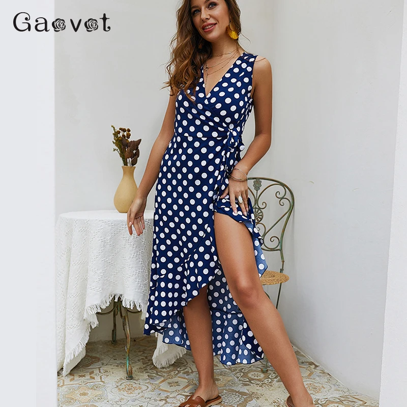 Gaovot 2019 Сексуальная рукавов горошек обёрточная бумага платье для женщин