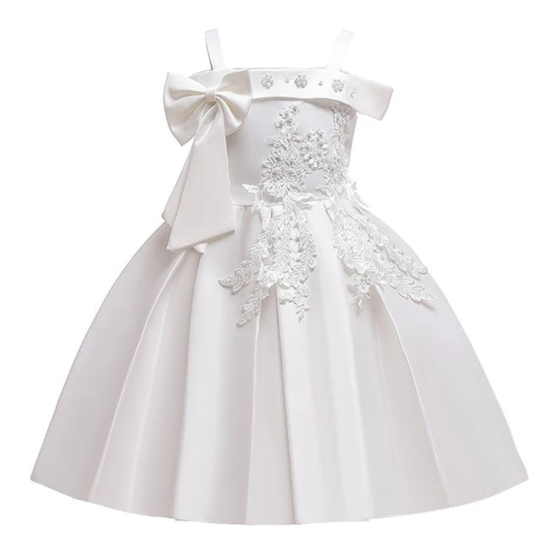 Elegant One word shoulder children's dress summer girl party princess big bow lace kids baby wedding flower clothes | Детская одежда
