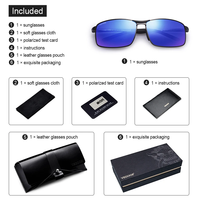 Мужские поляризационные солнцезащитные очки VEGOOS классические прямоугольные