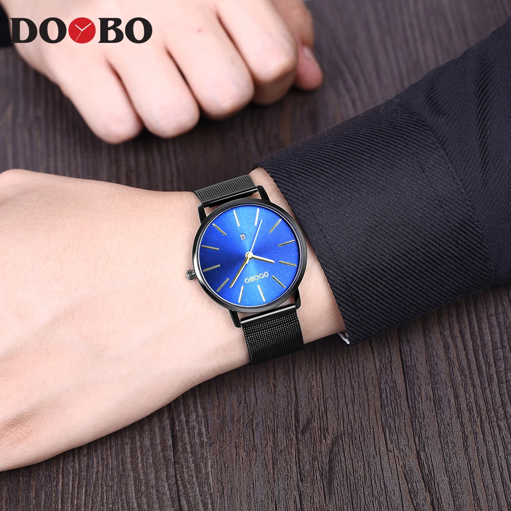 DOOBO Slim Men Quartz Watch Mens Watches Top Brand Luxury Black Blue Stainless Steel Mesh Sport Wrist Male Thin Clock D037 | Наручные