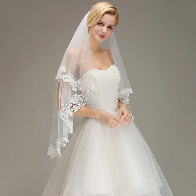 Voile Mariage 1.5M Короткая Фата с Кружевной Кромкой Расческой Двухслойная Вуаль Невесты Дешевые свадебные Аксессуары Veu de Noiva