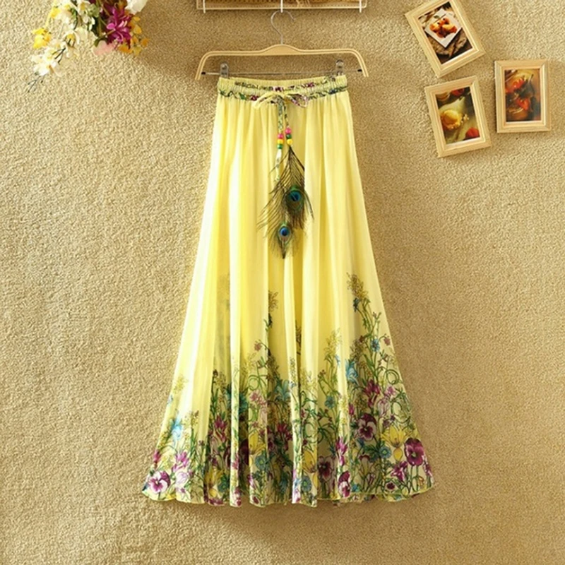 

Women Leisure High Waist Print Boho 2021 New Elastic Waist Women Causal Summer Chiffon Skirts Women Skirts