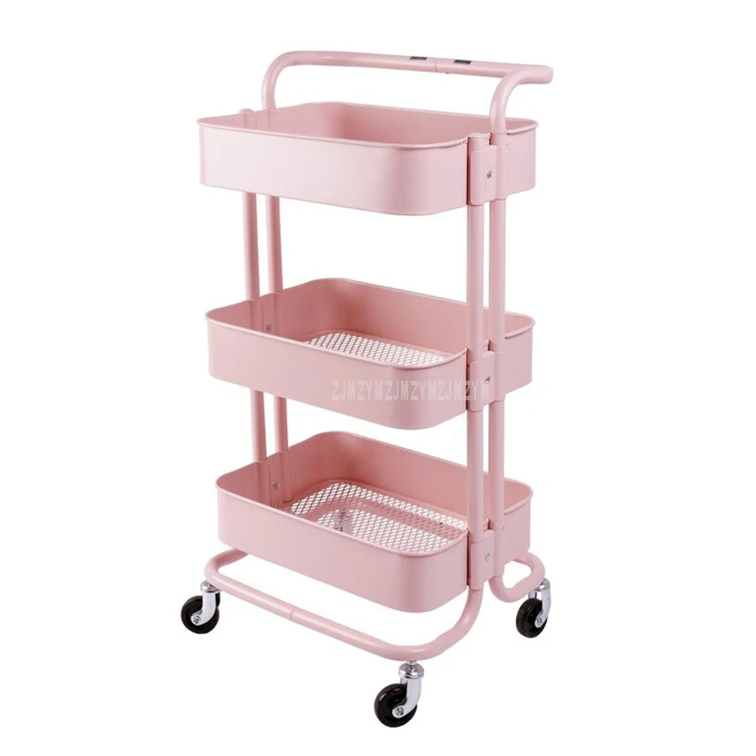 Pink With Handrail Модные креативные 3 яруса из углеродистой стали, домашний стеллаж для хранения в гостиной, коляска на колесиках, кухонный Органайзер с 4 колесами - Цвет: Pink With Handrail