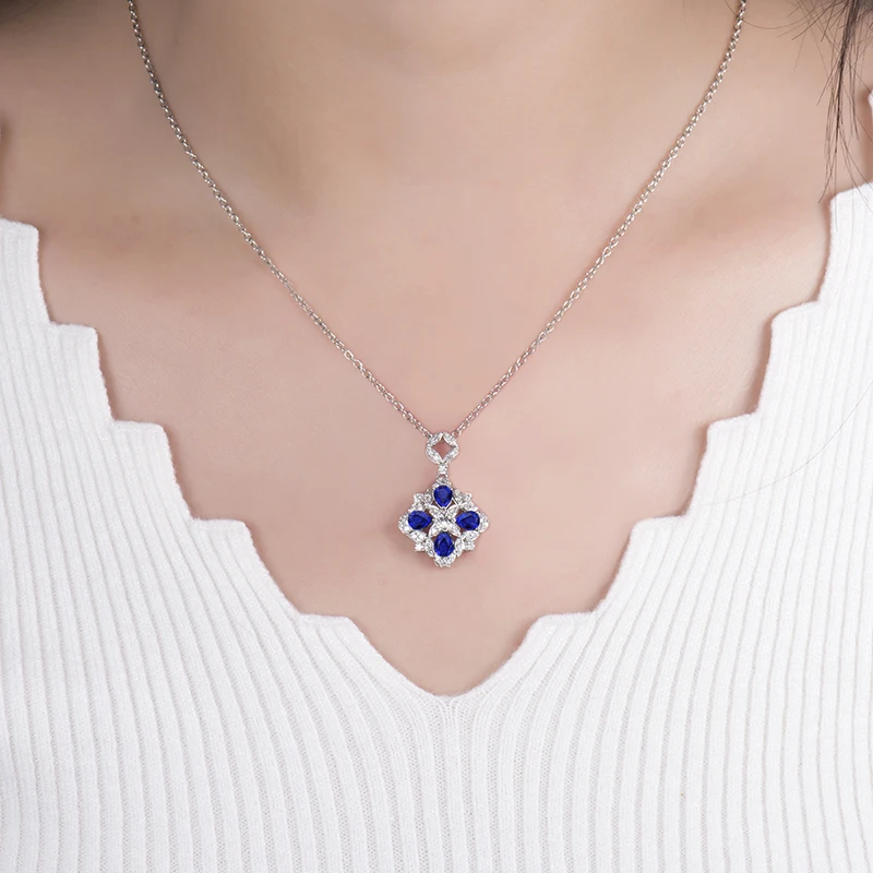 Ожерелье с подвеской в виде синего сапфира из белого золота|fine jewelry|gold diamond