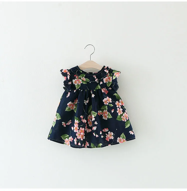navy blue Одежда для маленьких девочек, платье с цветочным рисунком для детей, детское платье с рюшами, летнее платье без рукавов для малышей 6, 12, 18, 24 месяцев, повседневная одежда для малышей - Цвет: navy blue