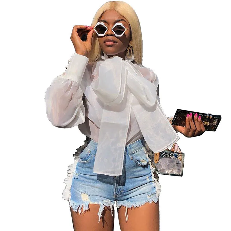 Белый Summer Bowknot Bow Tie Organza White Sheer Blouse Women Lantern Sleeve Shirt Top Office Lady Sexy Elegant Blouses Tops Femininos - Цвет: Белый