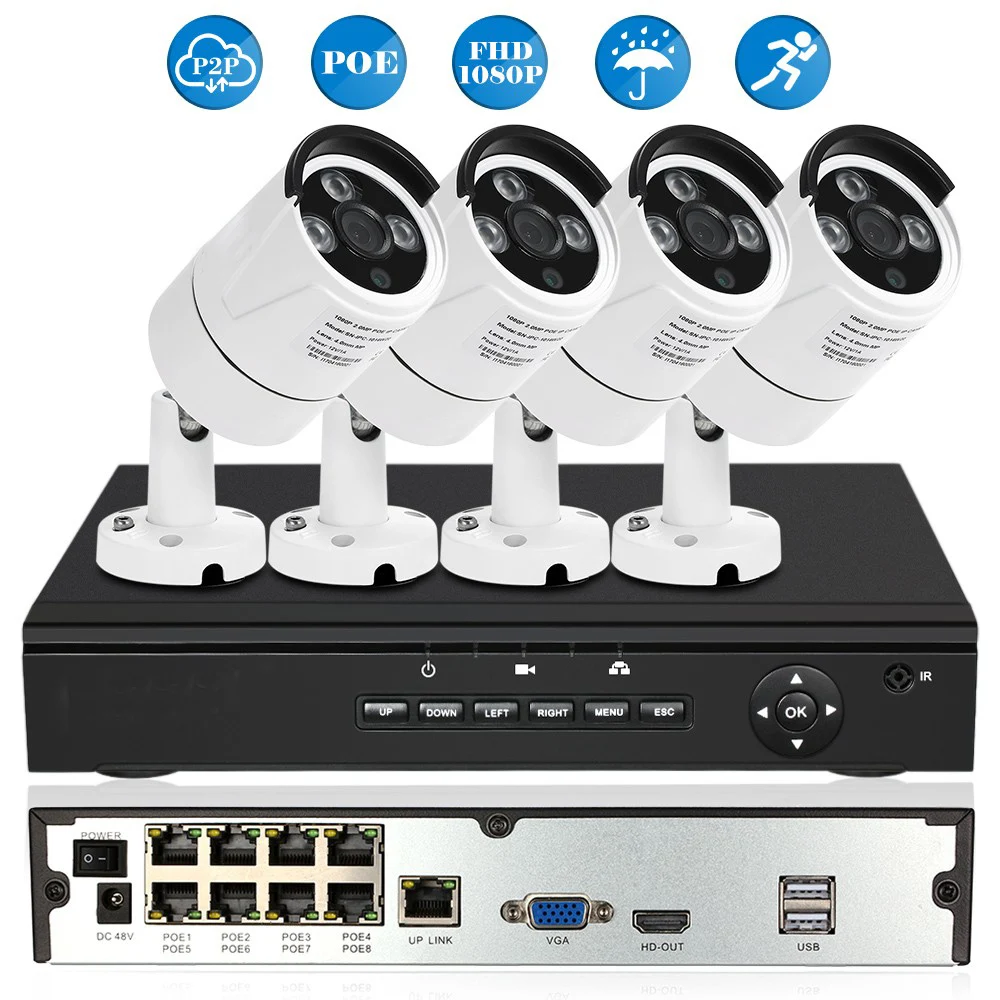 4CH Ch Full HD 1080P POE NVR сетевой видеорегистратор с 4 шт. 2.0MP POE всепогодный Открытый Пуля IP камера безопасности Syetem
