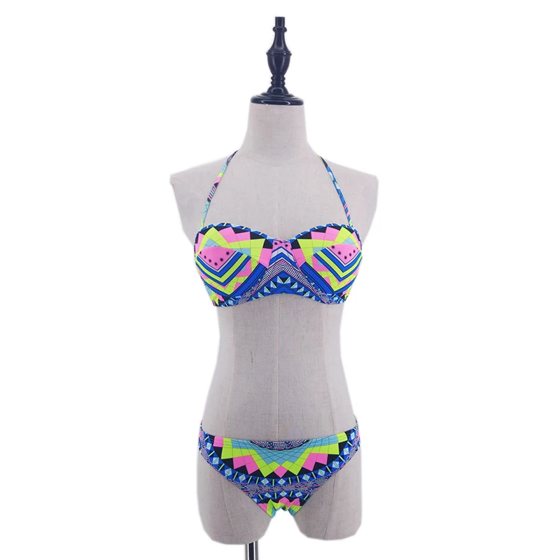 Женский купальник бикини с разноцветным геометрическим узором топ на бретельках