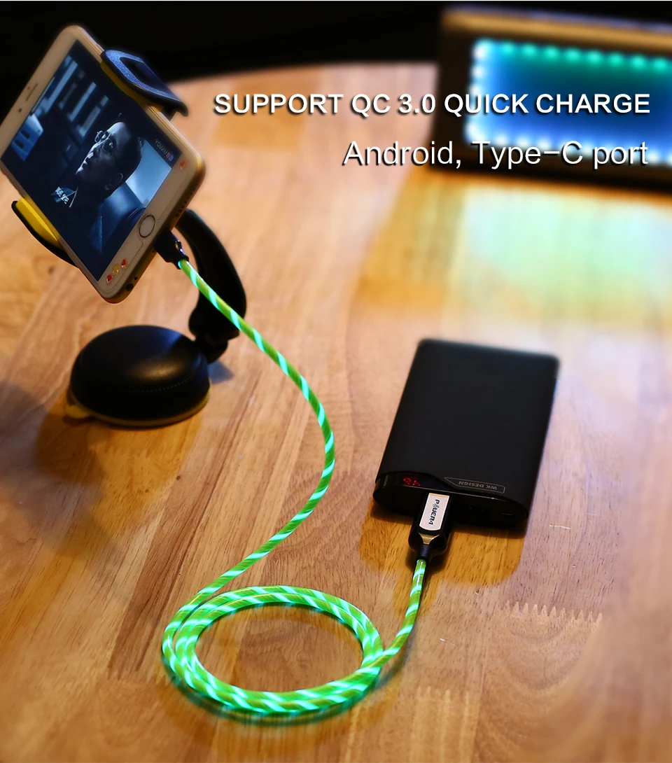 Power4 Прохладный светящийся USB C Микро зарядный кабель три разъема доступны для Lightning/Apple Android type-C зарядки мобильного телефона
