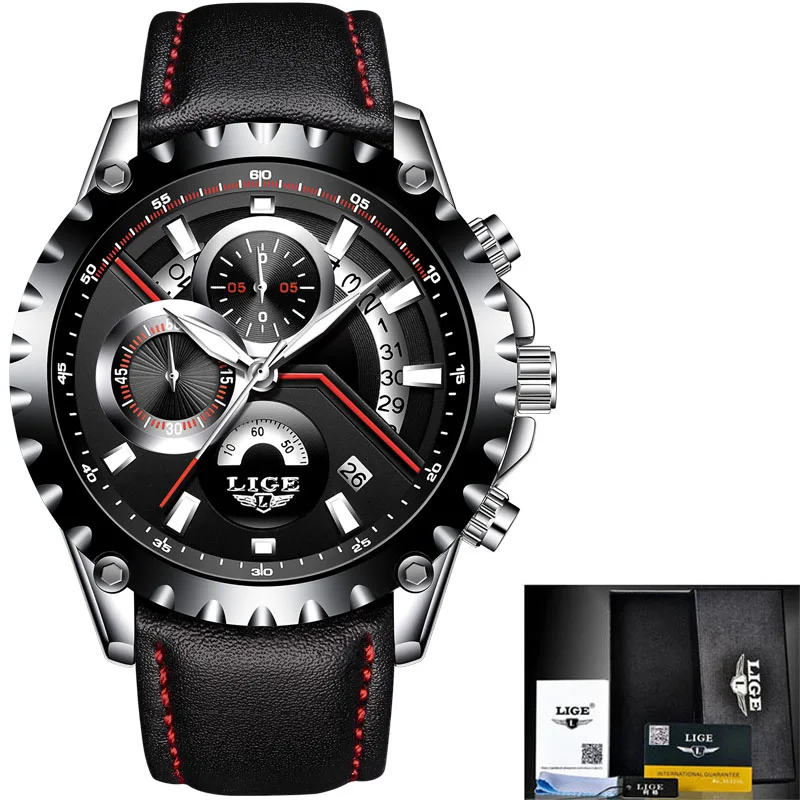 leather black LIGE Брендовые мужские Модные ажурные дизайнерские часы с датой, мужские спортивные водонепроницаемые кварцевые часы, мужские стальные часы Relogio Masculino - Цвет: leather black