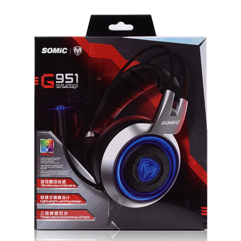SOMIC G951 стерео звук Игровые наушники двойной луч вибрации гарнитура с микрофоном USB 3 цвета светодиодный светильник наушники для ПК Игр