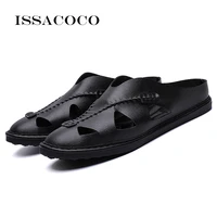 issacoco summer men genuine leather slippers beach casual sandals men flip flops men shoes eu size 38 48 chaussure homme terlik