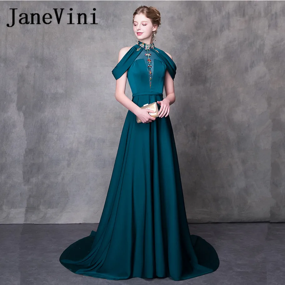 

JaneVini Beaded Crystal Long Bridesmaids Dresses 2018 A-Line Satin High Neck Sexy Backless Sweep Train Women Pageant Prom Gowns