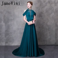 janevini beaded crystal long bridesmaids dresses 2018 a line satin high neck sexy backless sweep train women pageant prom gowns