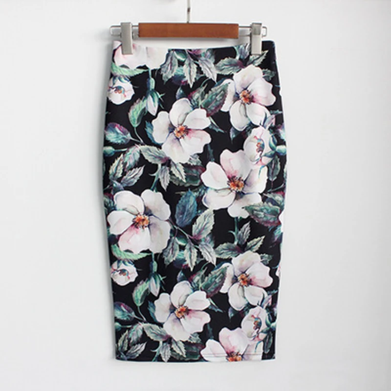 

Women Pencil Skirt High Waist Big Flower Bodycon Midi Skirt Ladies Print White Black Slim Office OL Hip Skirt