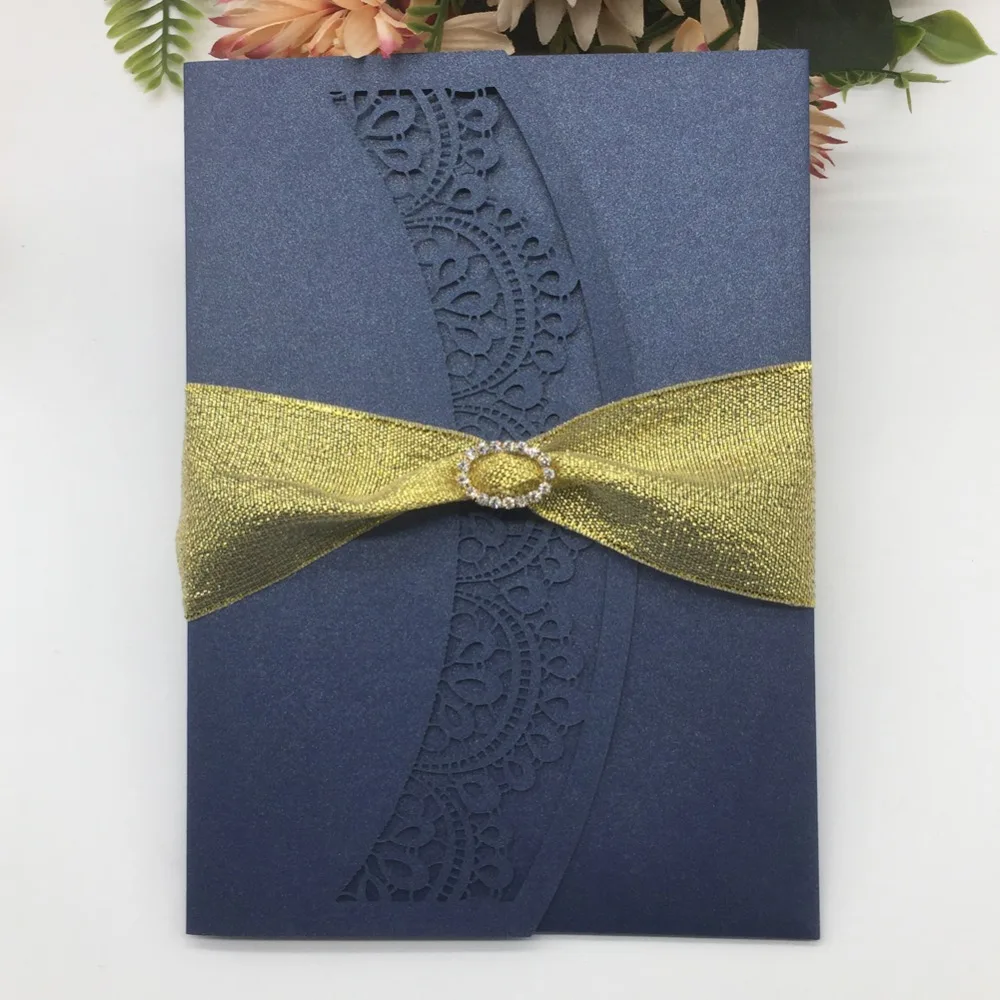 

30Pcs Latest Pearl paper Tri-folded Wedding Party Birthday Invitation Cards Event&Party Supplies with Gold ribbon Bowknot&buckle