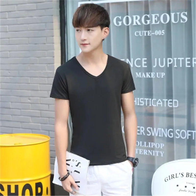 Summer new men's solid color short-sleeved V-neck T-shirt multi-color bottoming shirt t-shirt | Мужская одежда