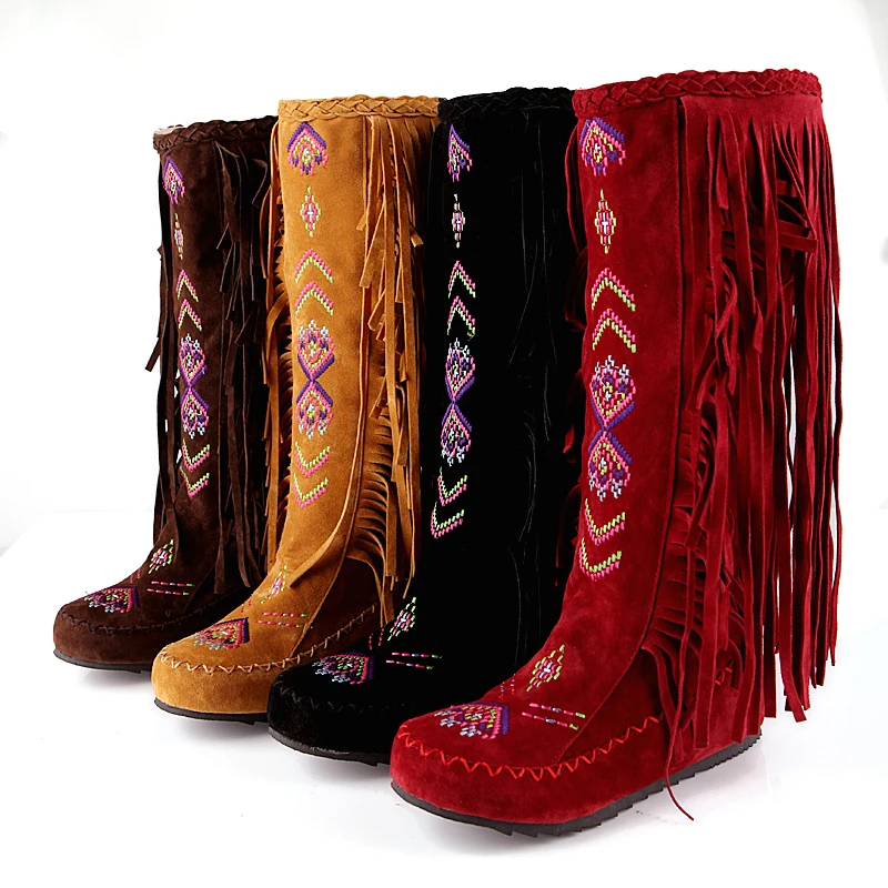 Big size 34-43 women boots fashion Embroidery flowers tassel boots Nubuck Leather Chinese Nation Style Slip-On Knee-High boots