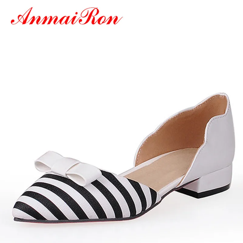

ANMAIRON Shallow Leisure Topsider Women Stripe Flats Shoes Woman New Size 43 Fashion Pointed Toe Bowtie Slip-on Ladies Shoes