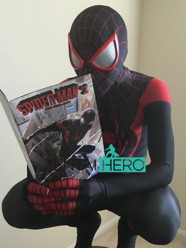 Бесплатная доставка DHL 2016 3D печать Ultimate Miles Morales костюм Человека-паука спандекс
