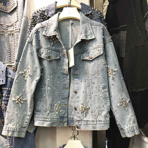 light blue Винтажные женские джинсовые куртки, пальто г. Весенне-осенние ковбойские куртки с бусинами и заклепками свободное джинсовое пальто с длинными рукавами для девушек, студентов - Цвет: light blue