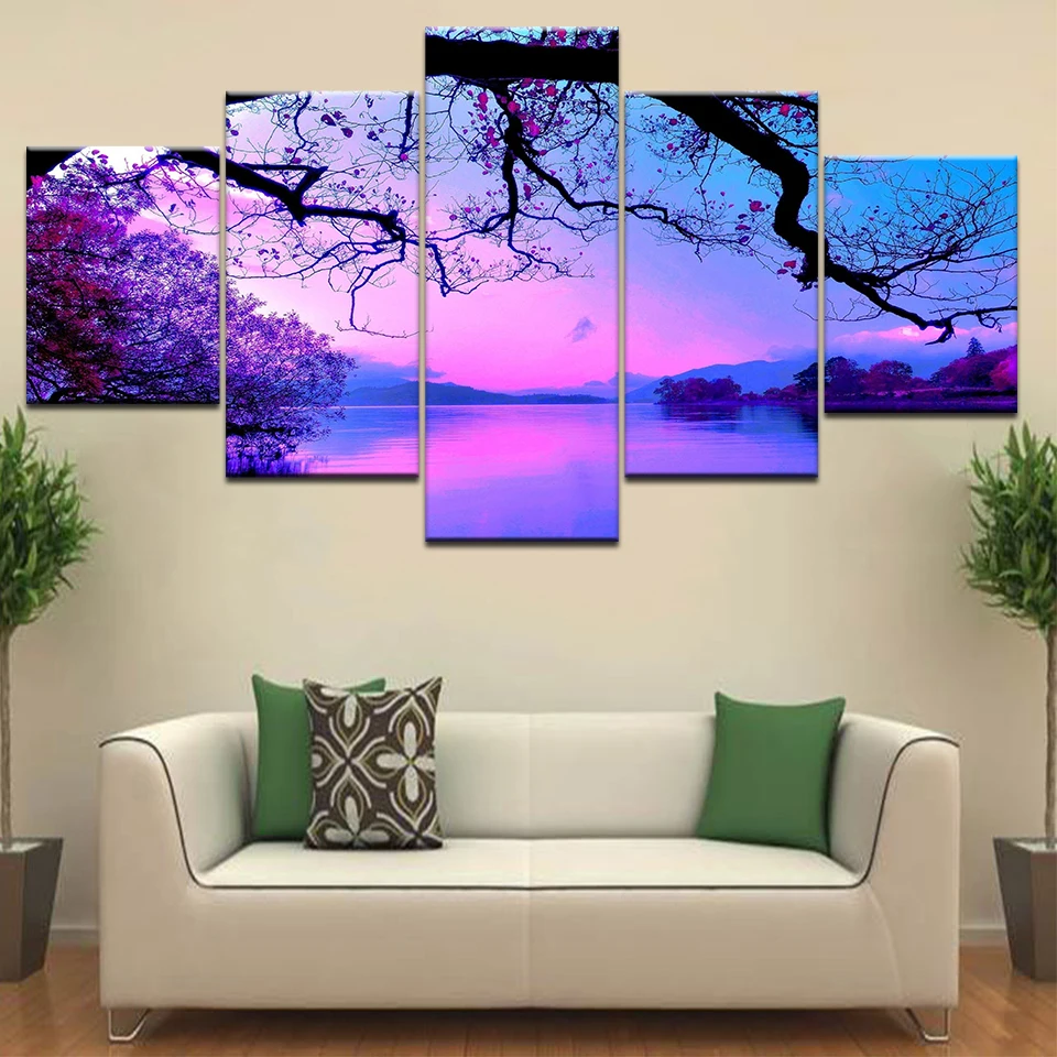 Canvas Wall Art Paintings Living Room Home Decor Framework 5 Pieces Purple Sunset Trees Lake Landscape Pictures HD Prints Poster | Дом и сад