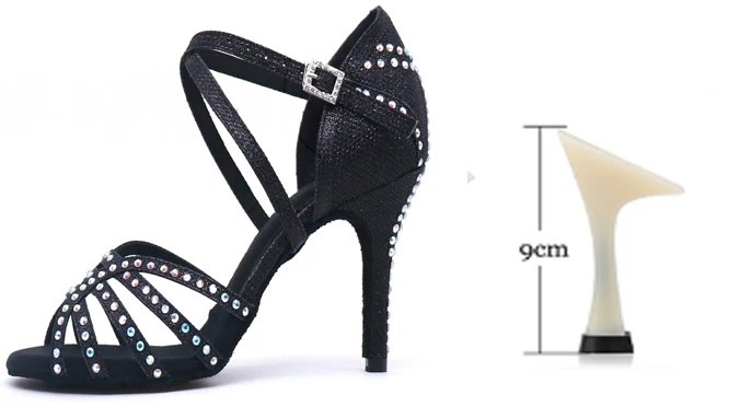 Black heel 9cm WUXIJIAO/Новинка; обувь для латинских танцев; женская Обувь для бальных танцев; Женская Блестящая Тканевая обувь; блестящие стразы; 5-10 см - Цвет: Black heel 9cm