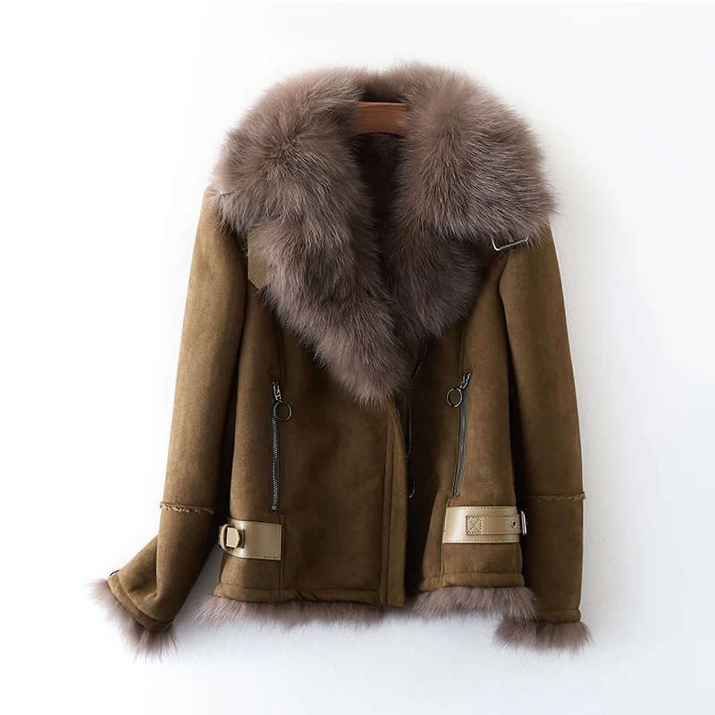 Army Green AYUNSUE роскошный большой натуральный Лисий мех воротник замша кожаная куртка модное короткое теплое зимнее пальто для женщин chaqueta mujer WYQ1543 - Цвет: Army Green