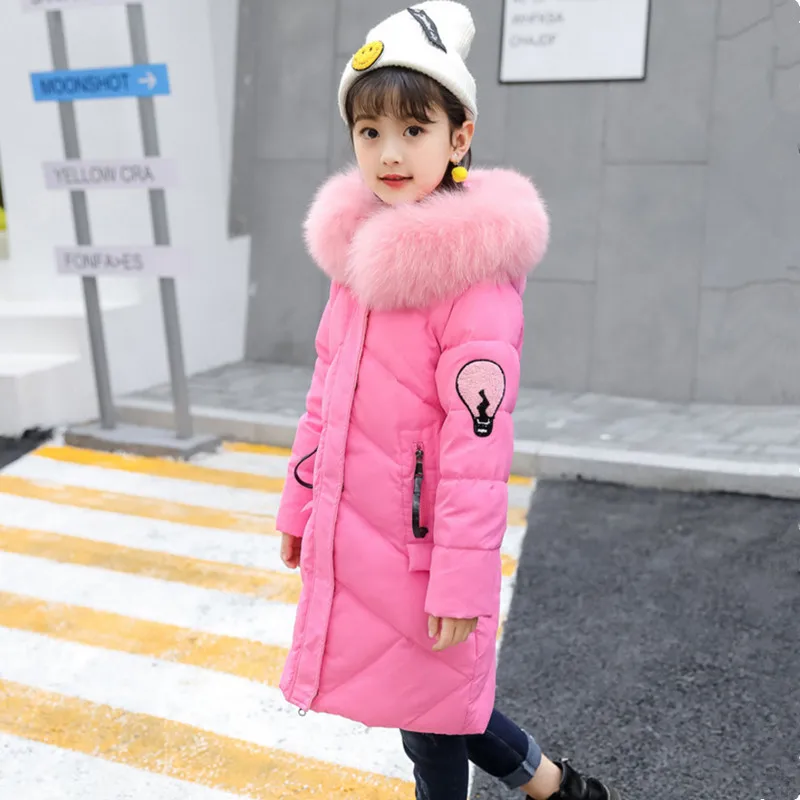 peach red От 3 до 14 лет длинное пуховое пальто для девочек зимняя верхняя одежда г. Новая модная теплая детская куртка с большим меховым воротником и вышивкой в виде букв - Цвет: peach red